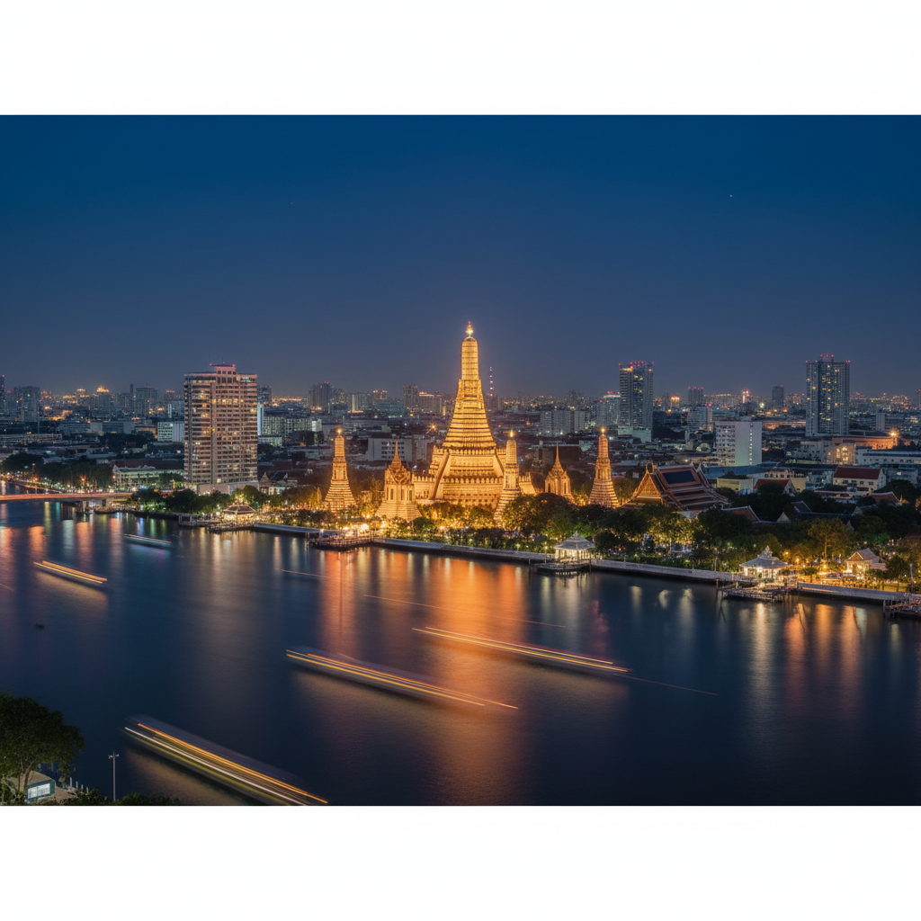 Bangkok skyline at night with temple silhouettes, deep dark sky, dim city lights reflecting on dark river, atmospheric low-key cityscape