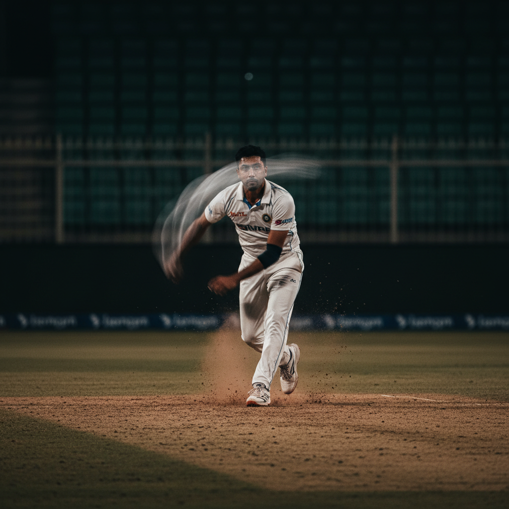 Bowler at delivery stride on cricket pitch, low light, dark background, motion blur on bowling arm