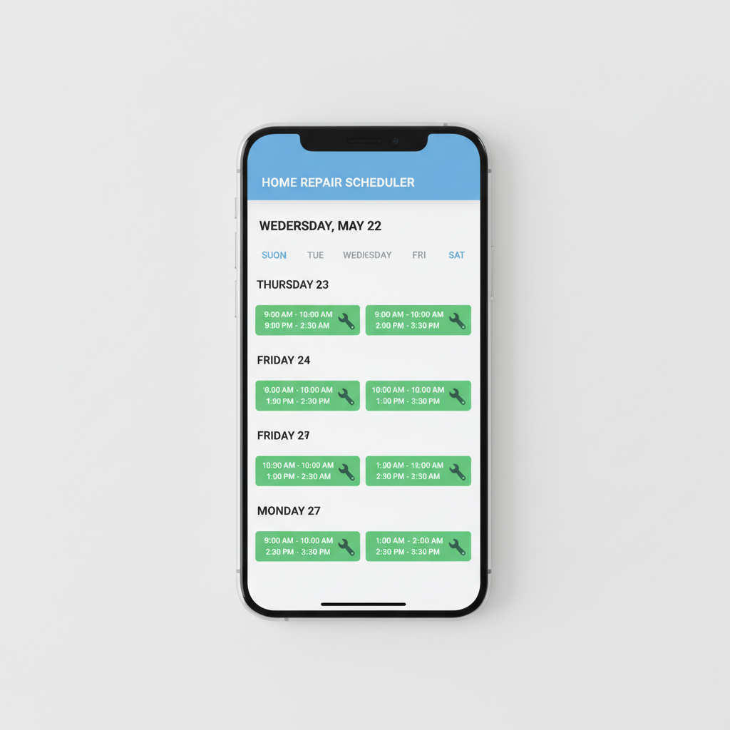 Calendar app on a phone screen showing available appointment slots for home repair
