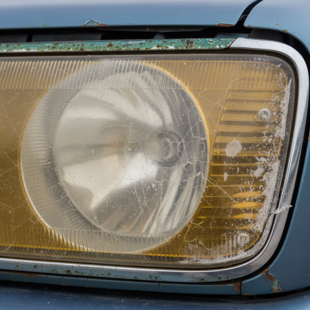 Severely yellowed and oxidized headlight lens with heavy haze, foggy plastic surface reducing light output, dull amber-yellow discoloration