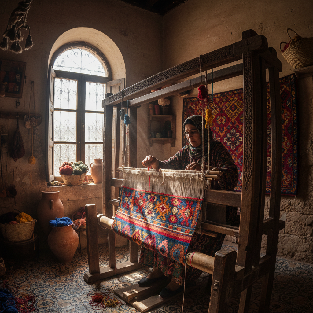 Moroccan artisan woman with traditional loom in medina workshop