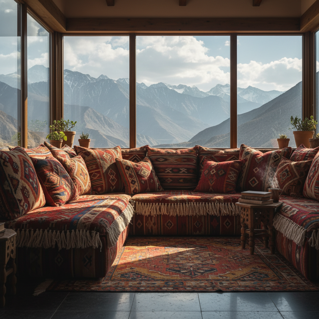 Peaceful reading and reflection space with spiritual books, mountain views, and comfortable seating for contemplation