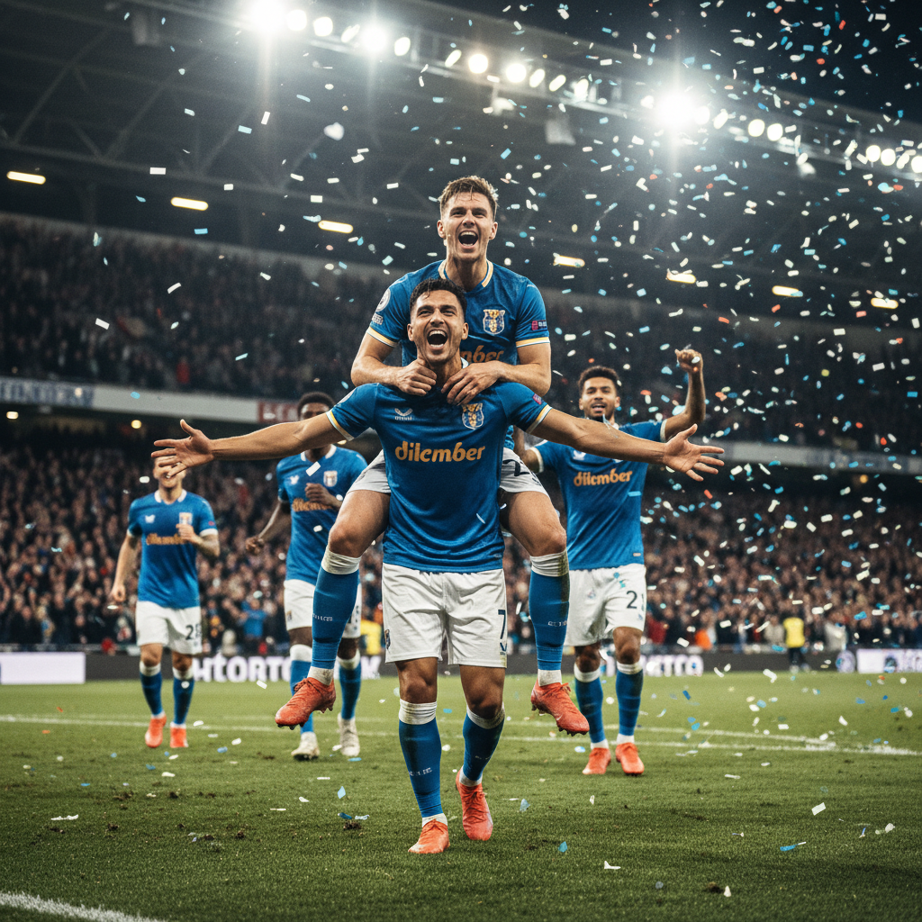 Match-day atmosphere with players celebrating a goal in slow-motion, crowd roaring in the background under stadium floodlights