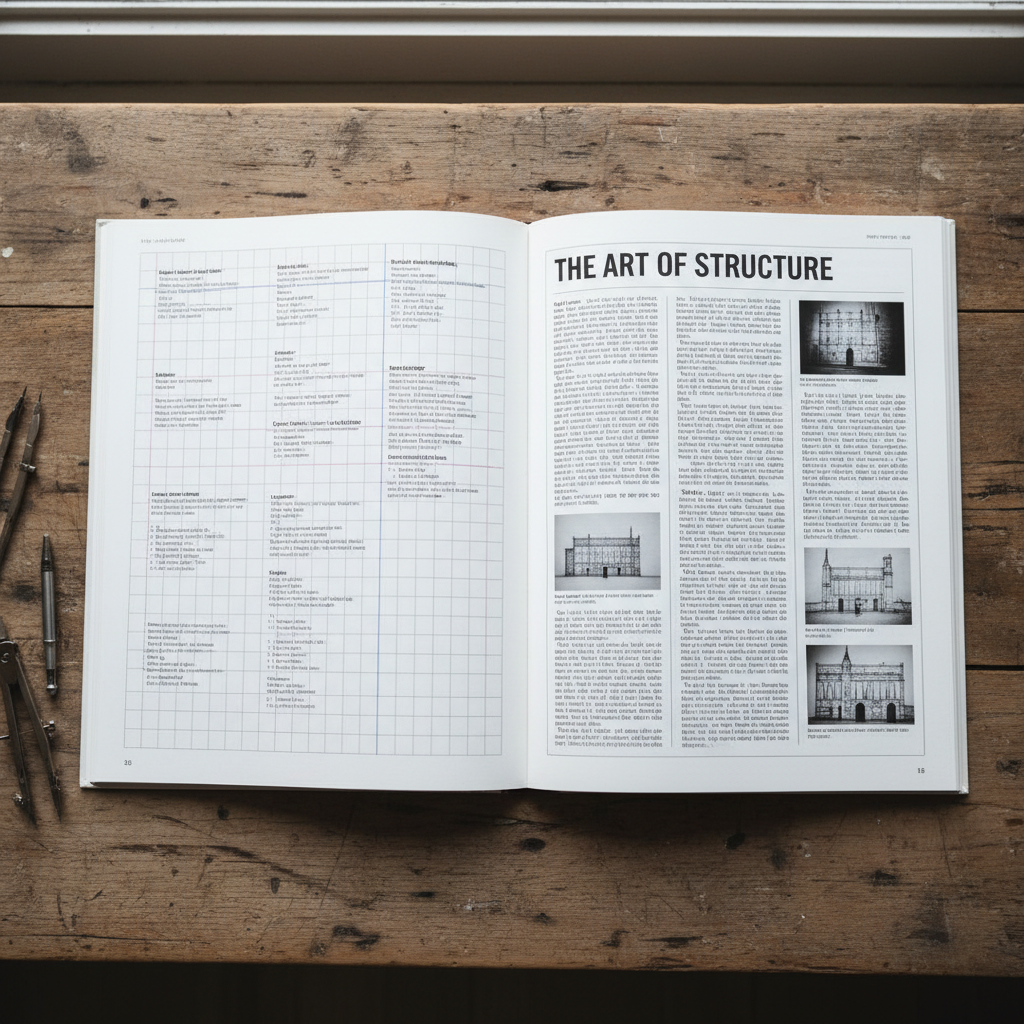 Open book spread showing interior typography and grid system