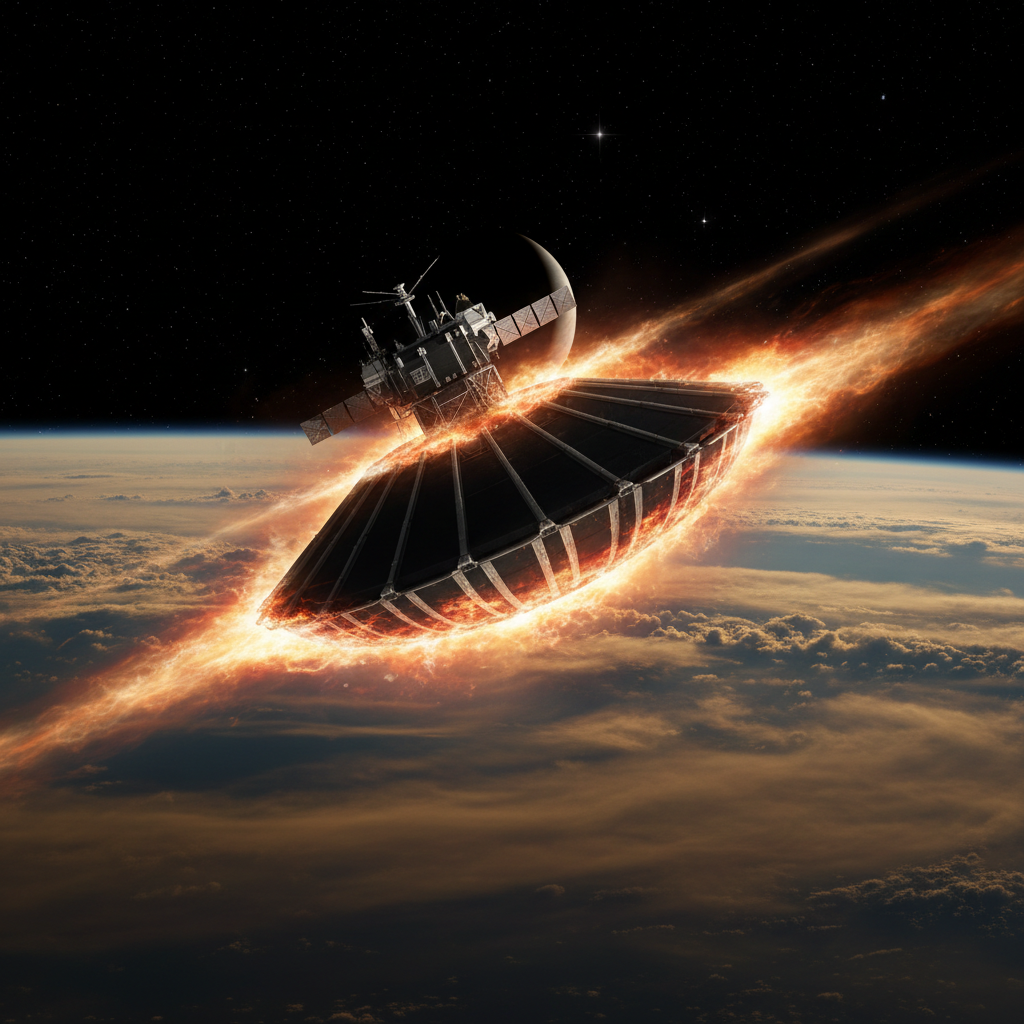 Space capsule reentry with plasma trail against dark space background, deep shadows, atmospheric glow, dim starfield