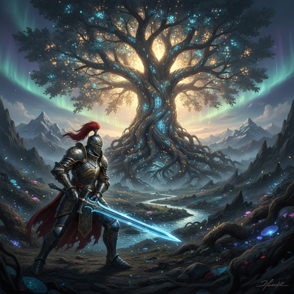Dark fantasy action game with glowing sword-wielding character in misty shadowy forest at night