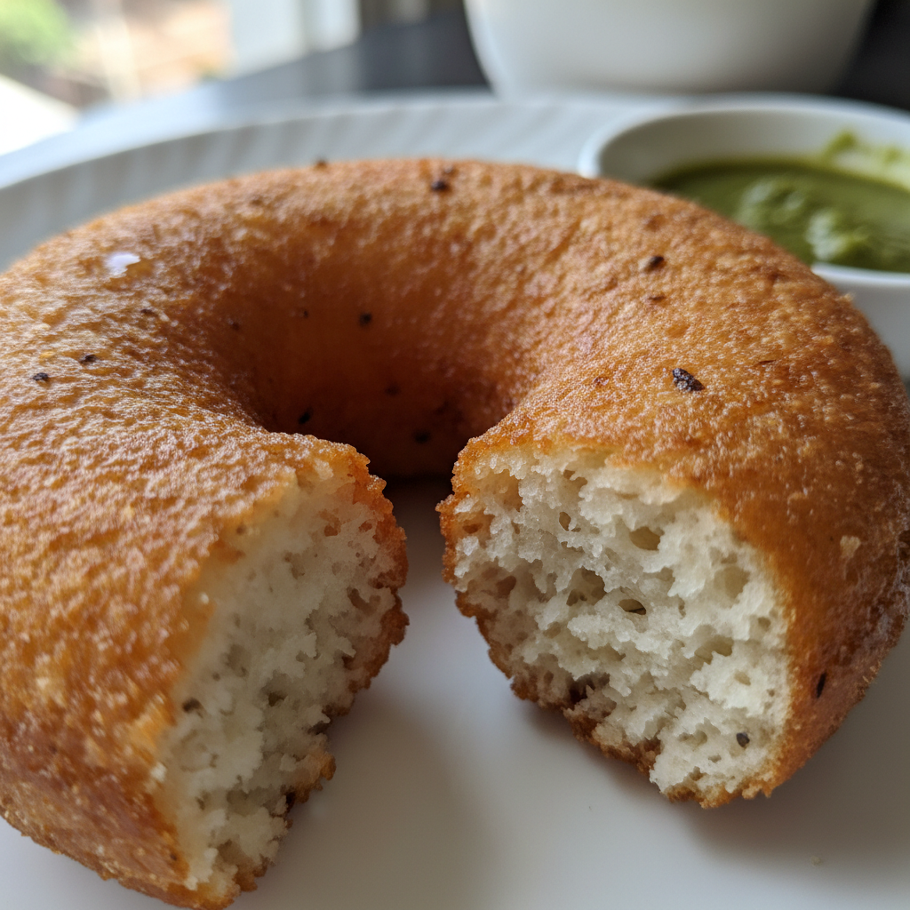Close-up of vada with crisp exterior and soft interior