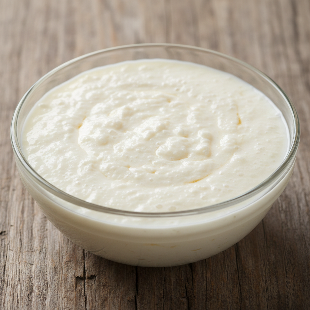 Fresh white curd in a white ceramic bowl on a clean bright background