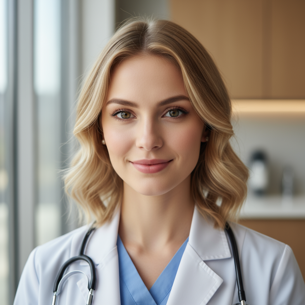 Professional woman with blonde hair in white medical coat with stethoscope