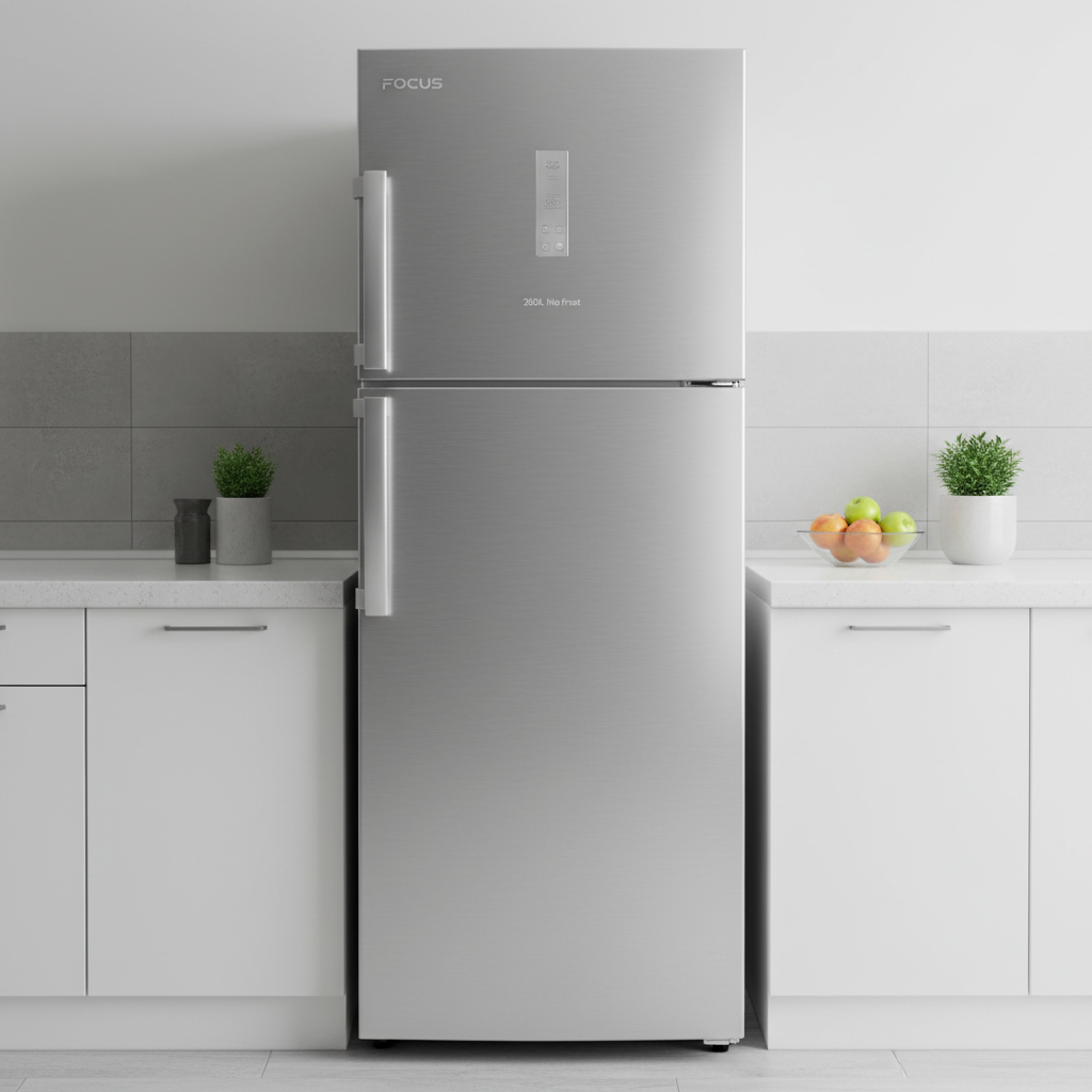 Geladeira frost free branca em cozinha moderna iluminada