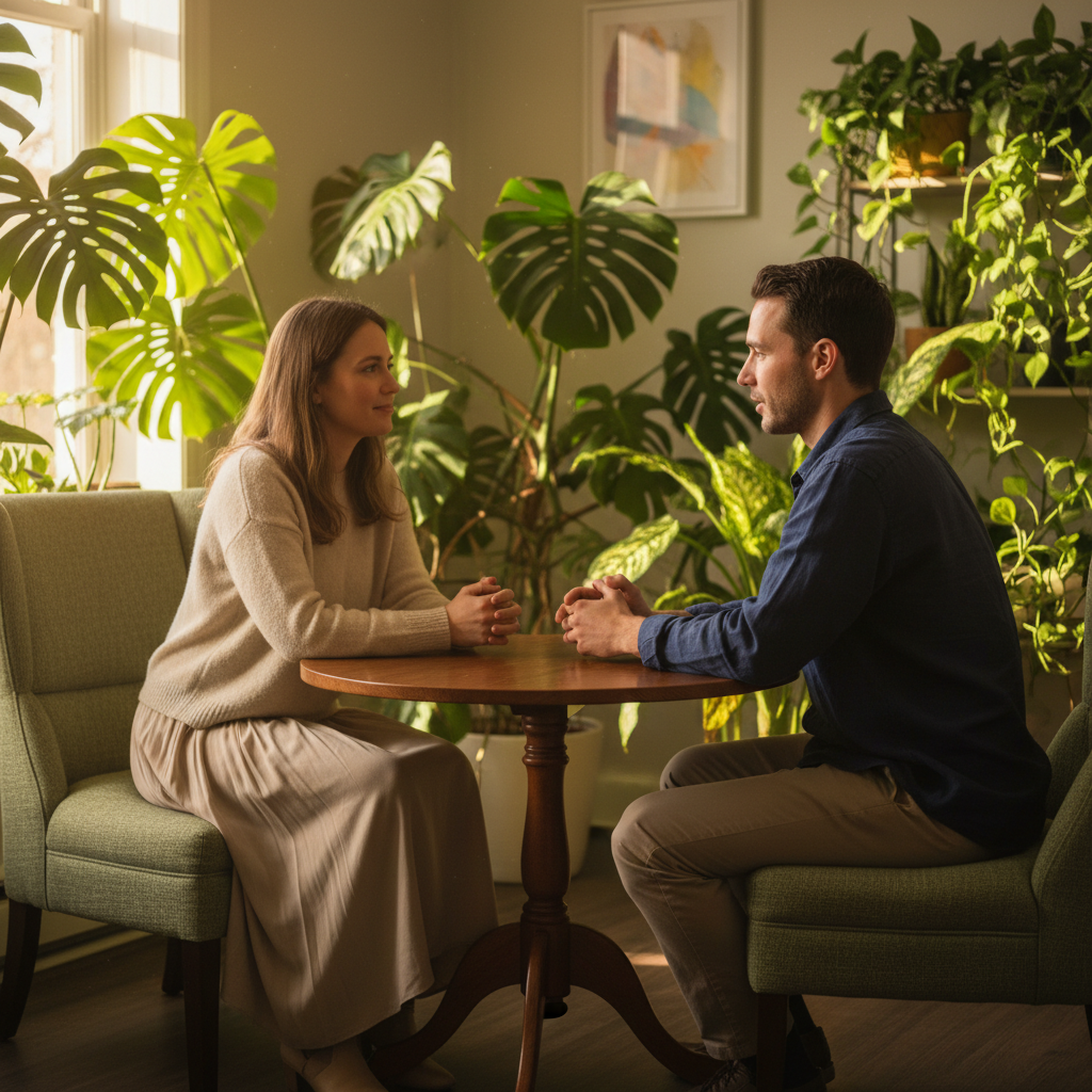 Two people sitting across from each other in a bright, airy counseling room with plants and natural light