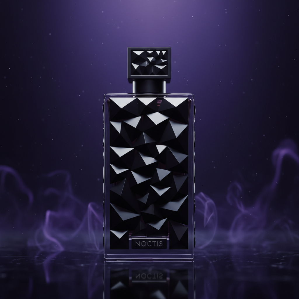 Dark luxury fragrance campaign with geometric black forms and violet lighting