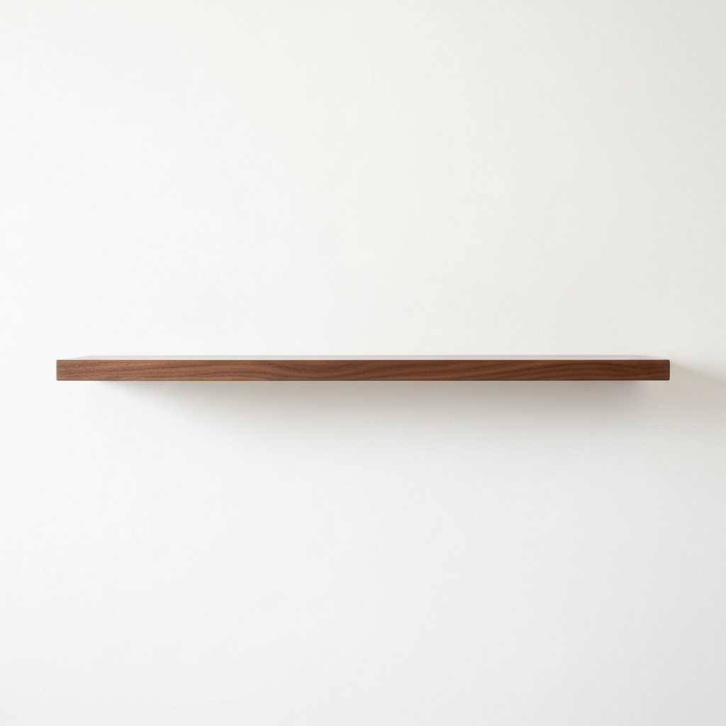 Minimalist wooden floating shelf mounted on bright white wall, warm pine wood grain visible, natural light