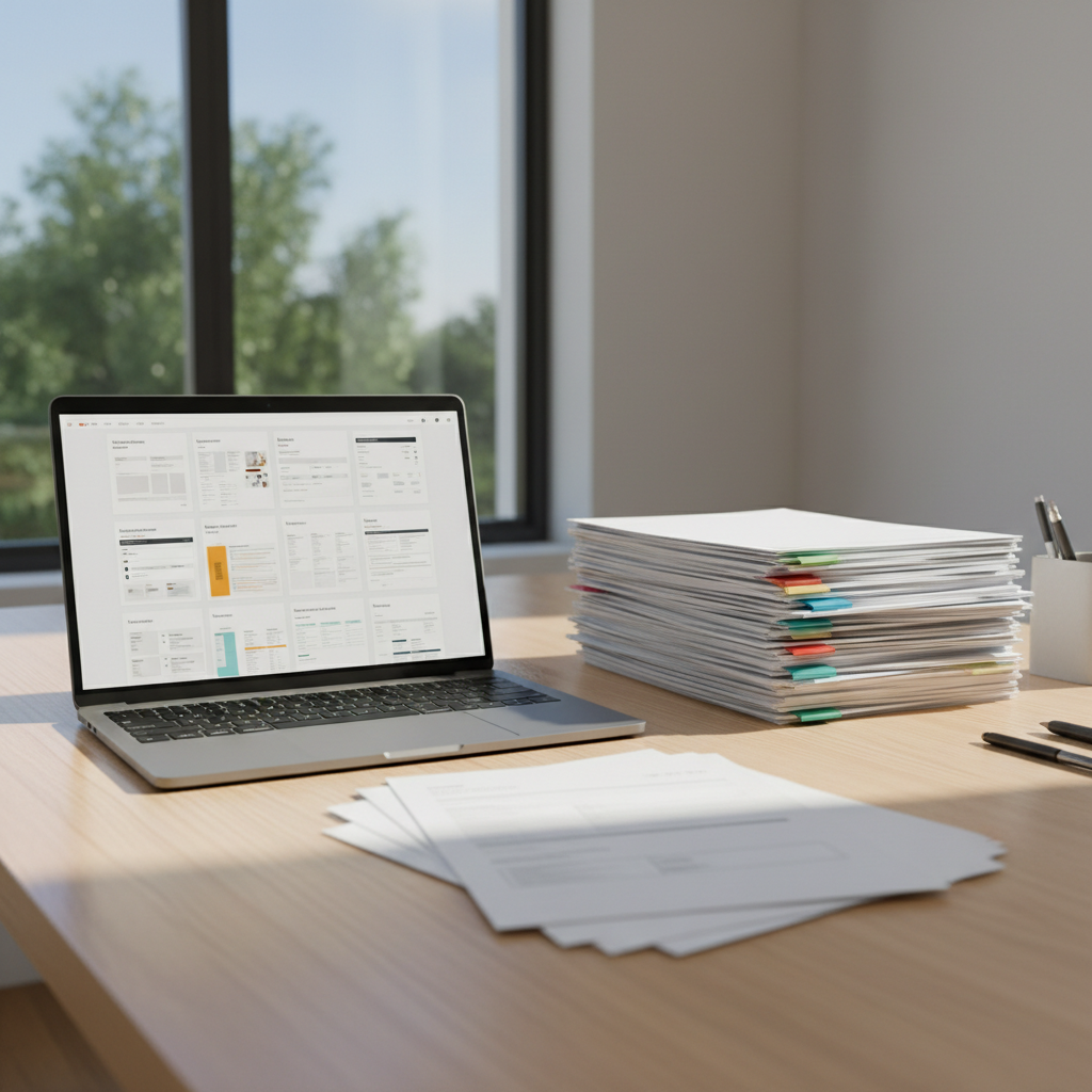 Business templates and documents spread on a modern office desk with laptop