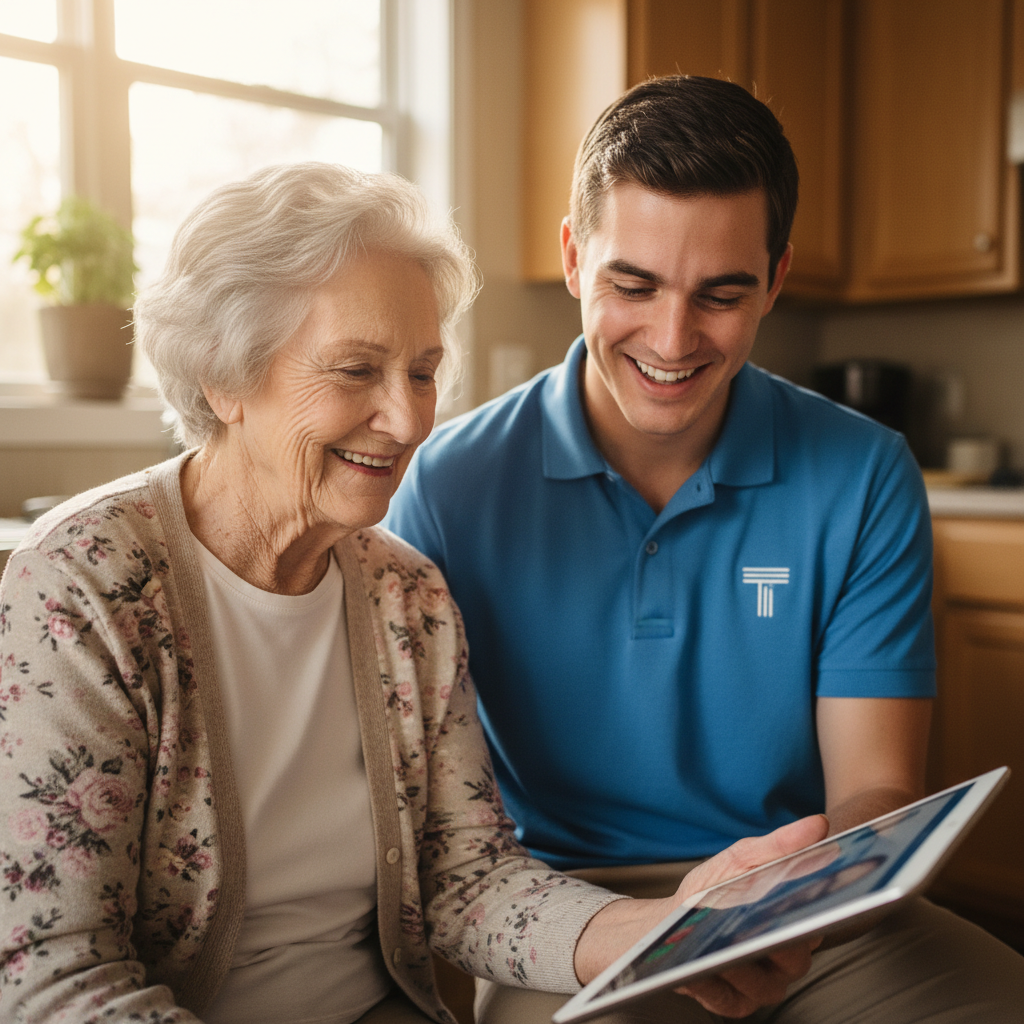 Friendly tutor sitting beside a senior in a warm Palo Alto home, gently showing how to use a tablet, both smiling warmly in soft natural light