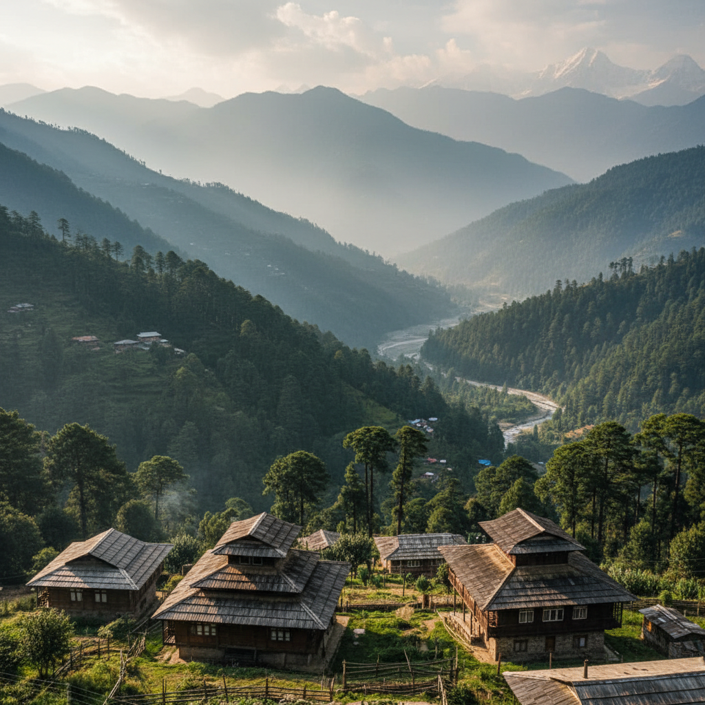 Green misty mountain valley with traditional indigenous village and wooden structures, morning mist rising