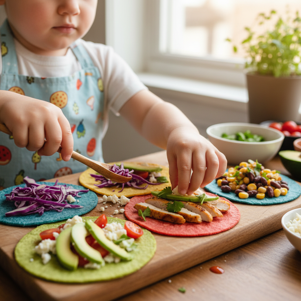 Colorful homemade tacos with fresh toppings carefully assembled by a child
