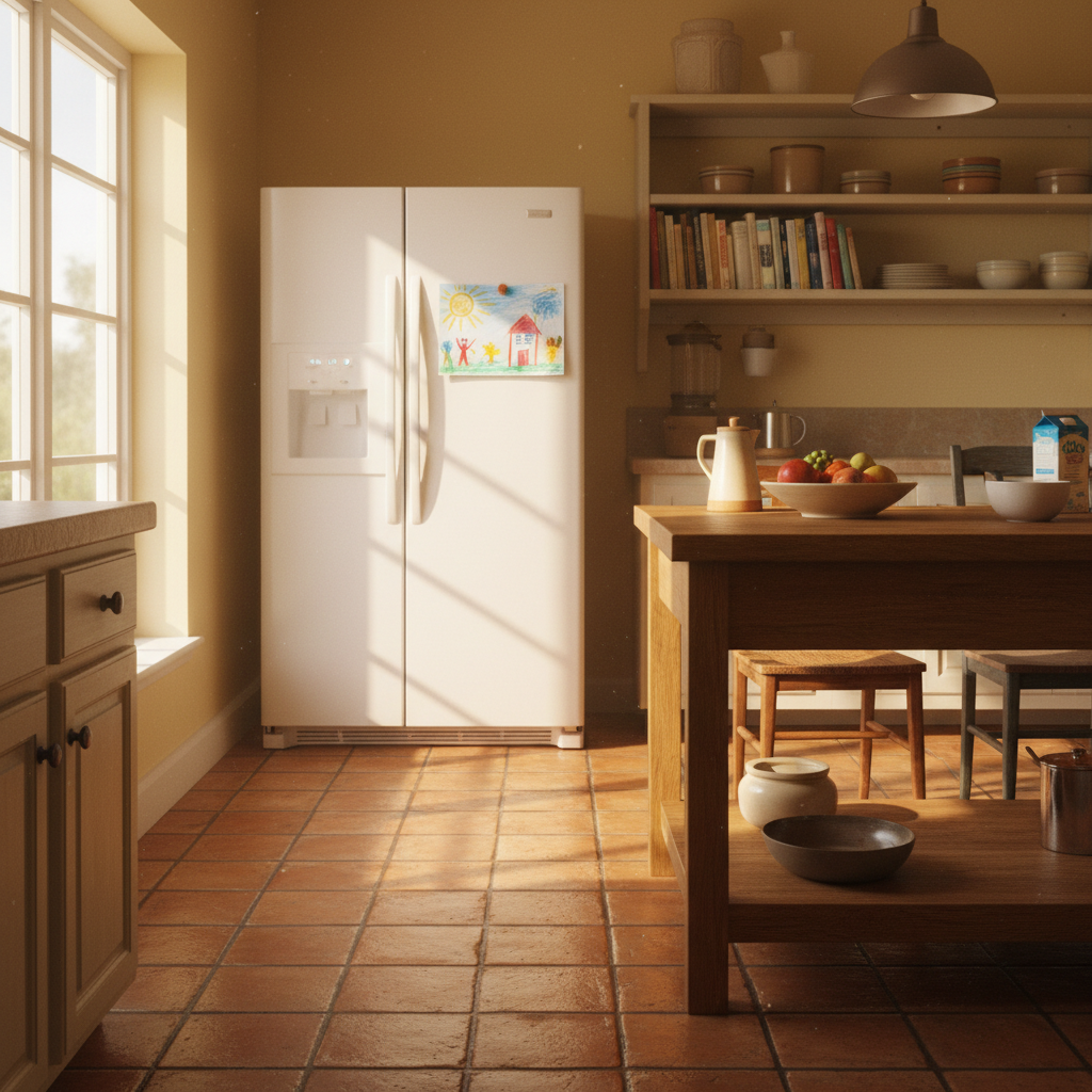 Warm kitchen scene with morning light on tile floor, child's crayon drawing pinned to refrigerator door