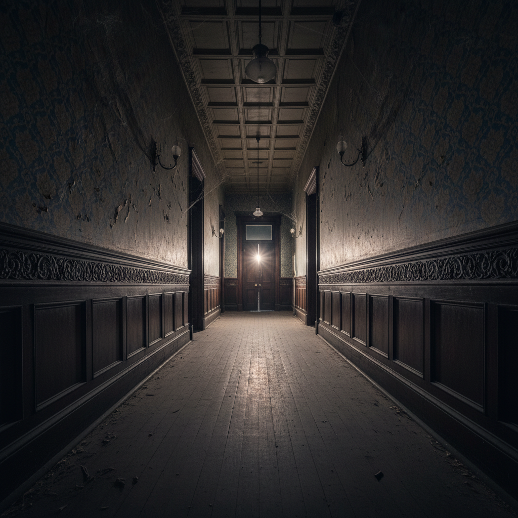 Dark Victorian hallway with dim light casting long shadows, atmospheric paranormal investigation setting