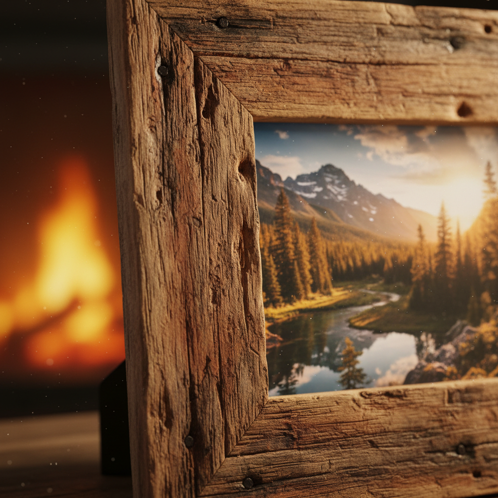 Rustic reclaimed wood photo frame with natural grain and knots, warm earthy tones, artisanal craft photography