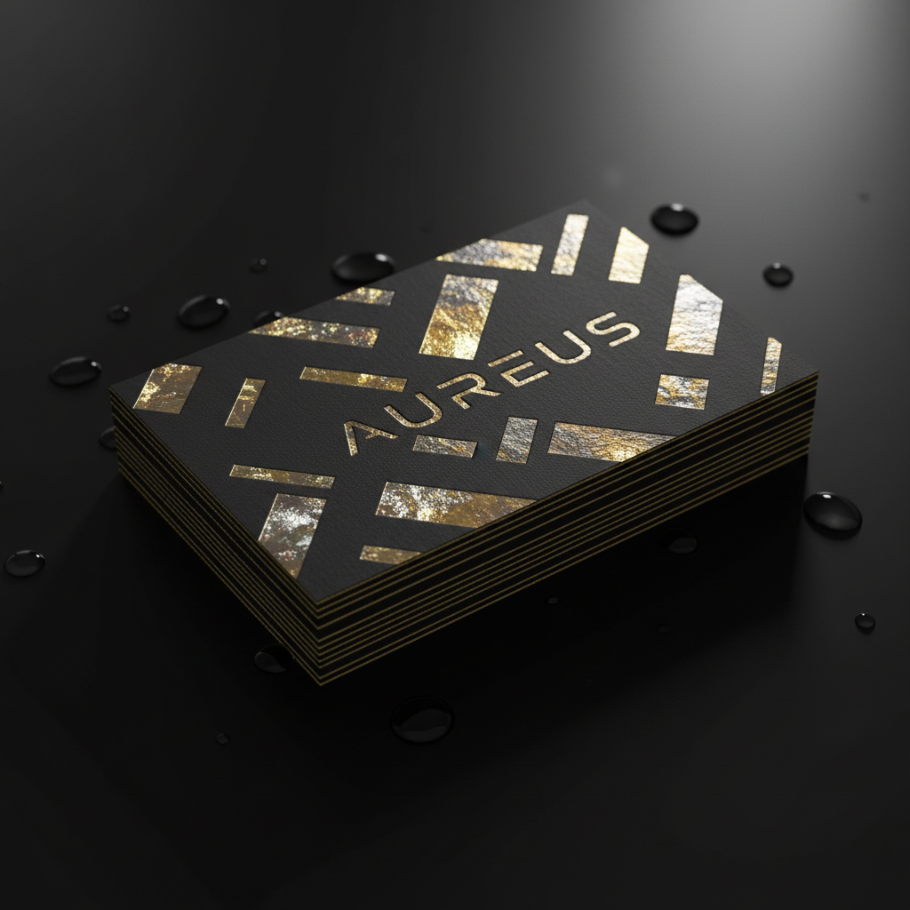 Premium business cards with spot UV finish on black background showing metallic sheen