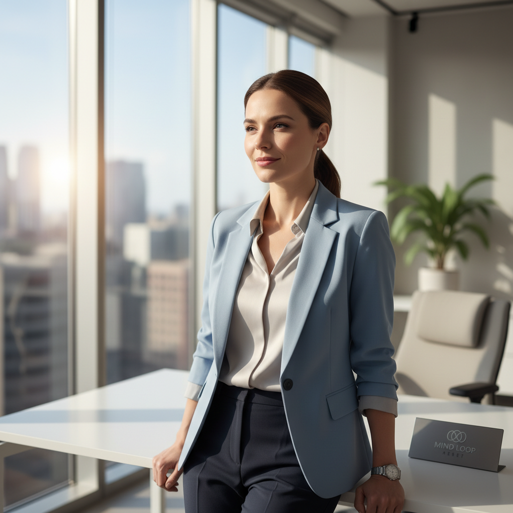 Confident professional man in dark suit standing by large window with city view, natural morning light, focused expression