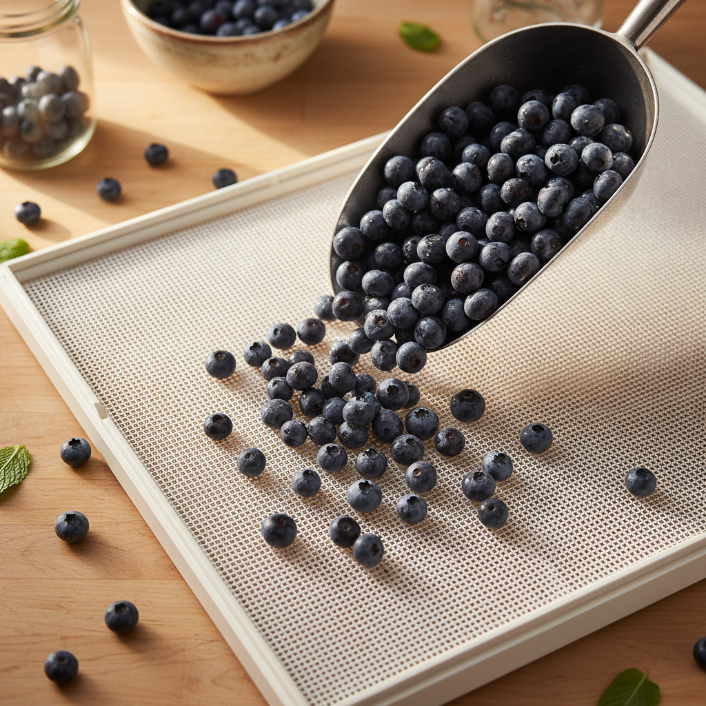 Whole blueberries being scooped into a dehydrator tray in a warm kitchen