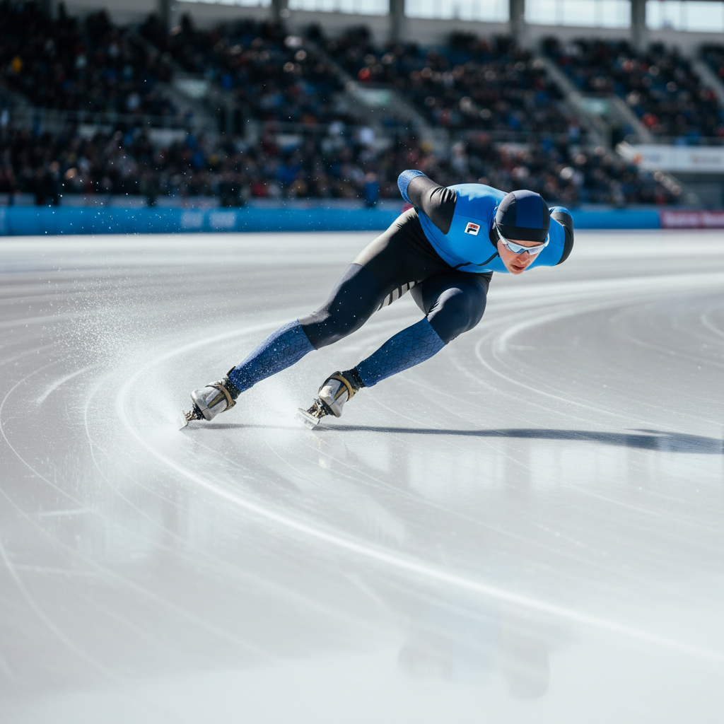Speed skater leaning deep in a crossover turn on oval ice, blade carving into fresh surface
