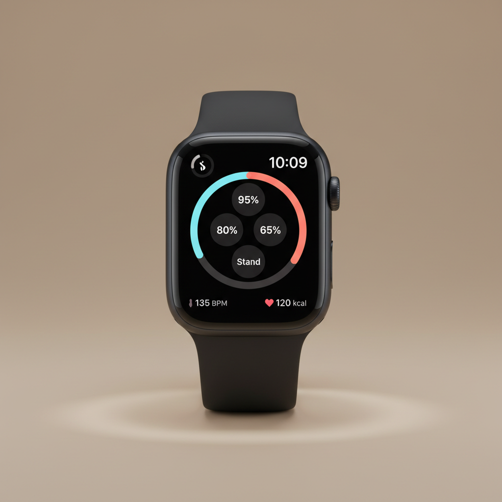 Apple Watch Series 9 with black sport band on dark reflective surface