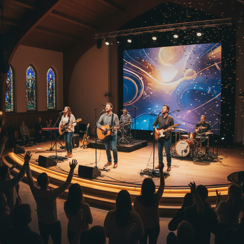 Sunday church service in progress with congregation worshipping, warm stage lighting and engaged attendees