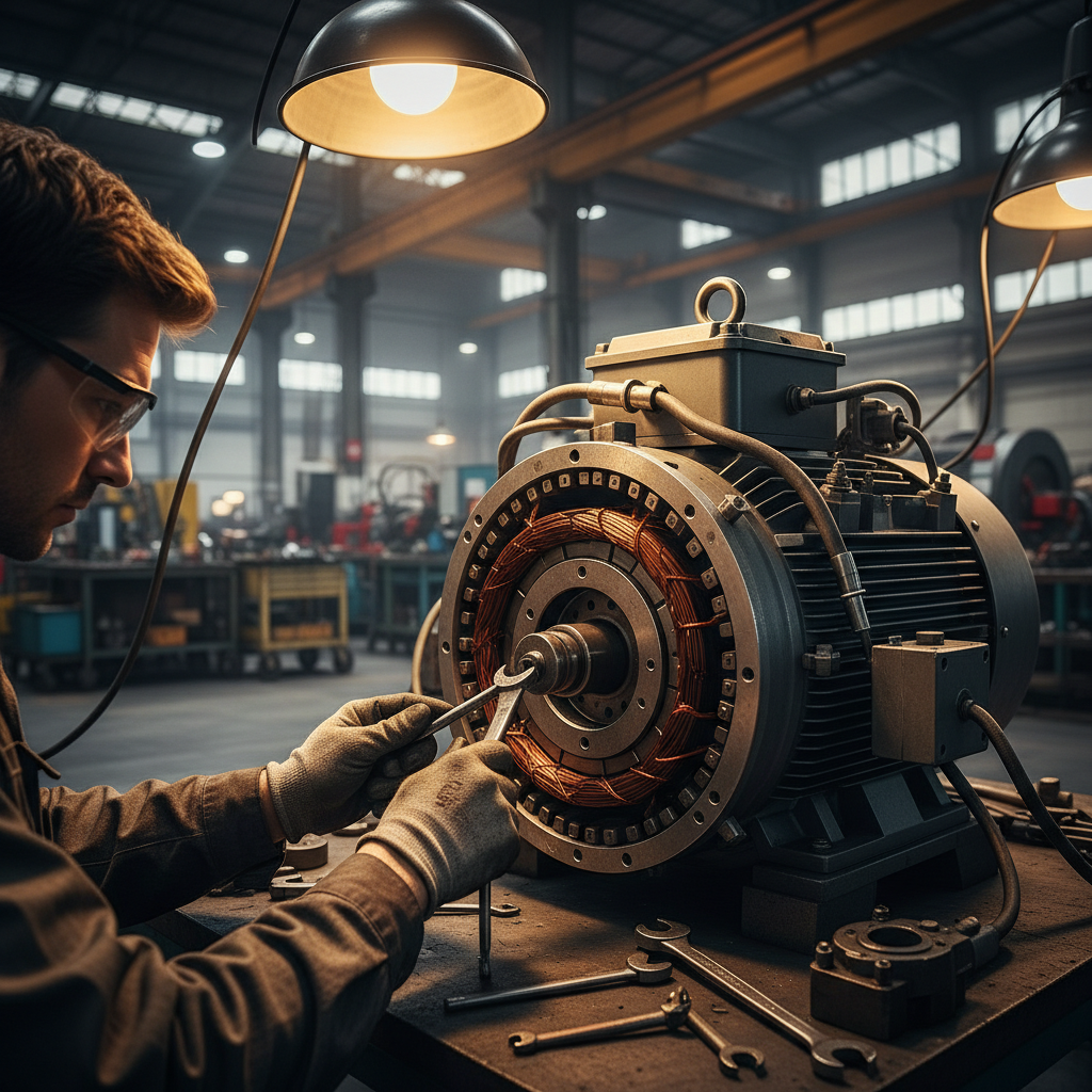 Industrial repair technician working on warehouse loading dock equipment, professional tools, bright work lights