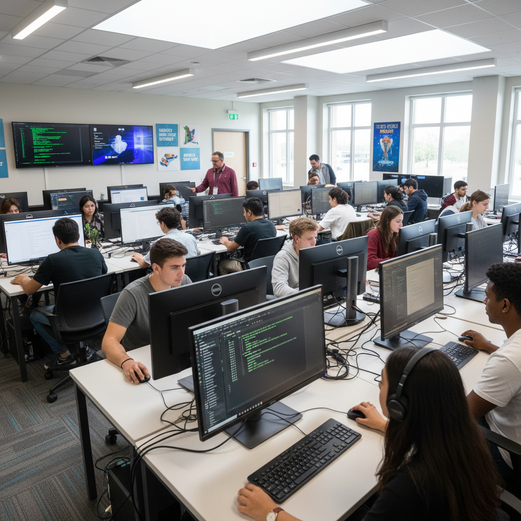 Students working on computers in the school computer lab