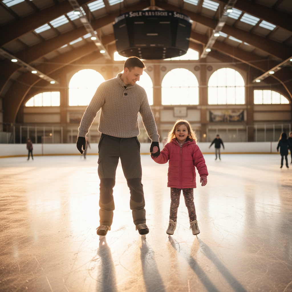 Dad and daughter holding hands skating slowly around the rink together