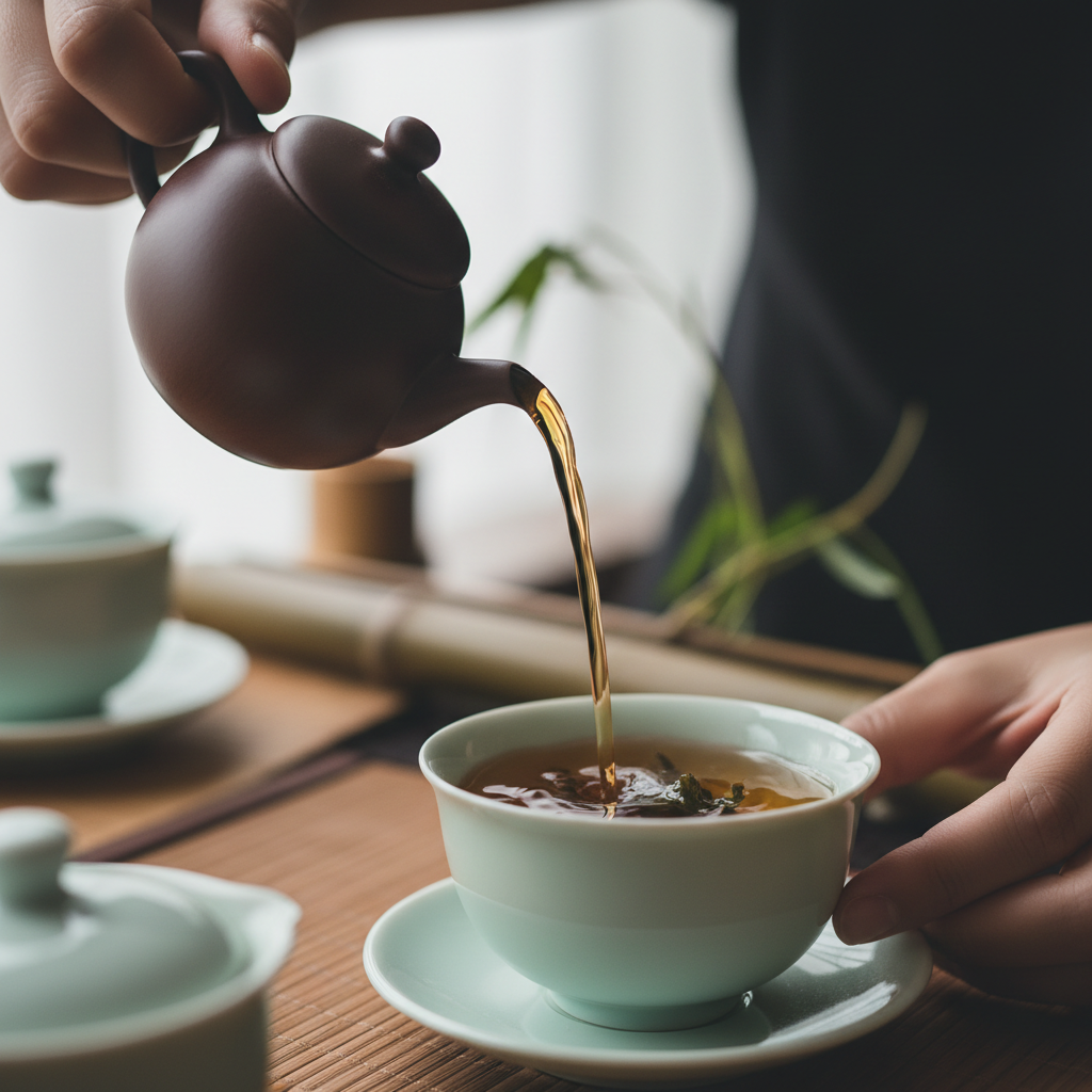 Lin Meizhen pouring Alishan high mountain oolong in a slow arc into a pale celadon cup
