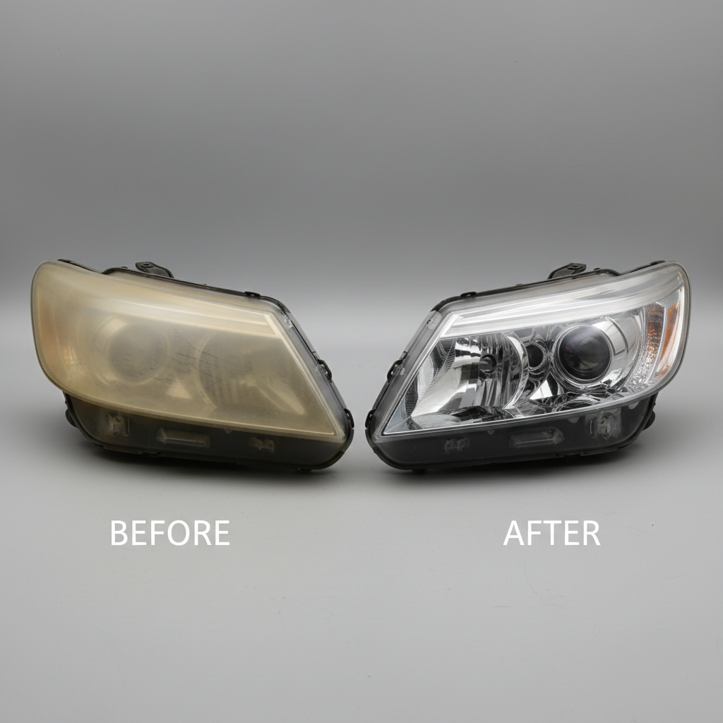 Crystal clear car headlight after professional restoration showing perfect transparency