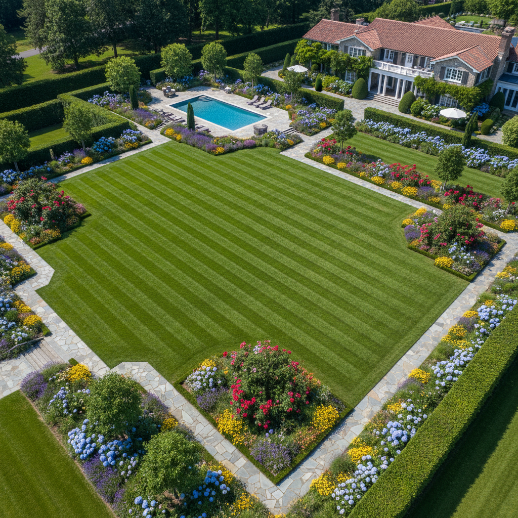 Aerial view of a perfectly maintained residential property with diagonal lawn stripes, razor-sharp bed edges, and stone pathways