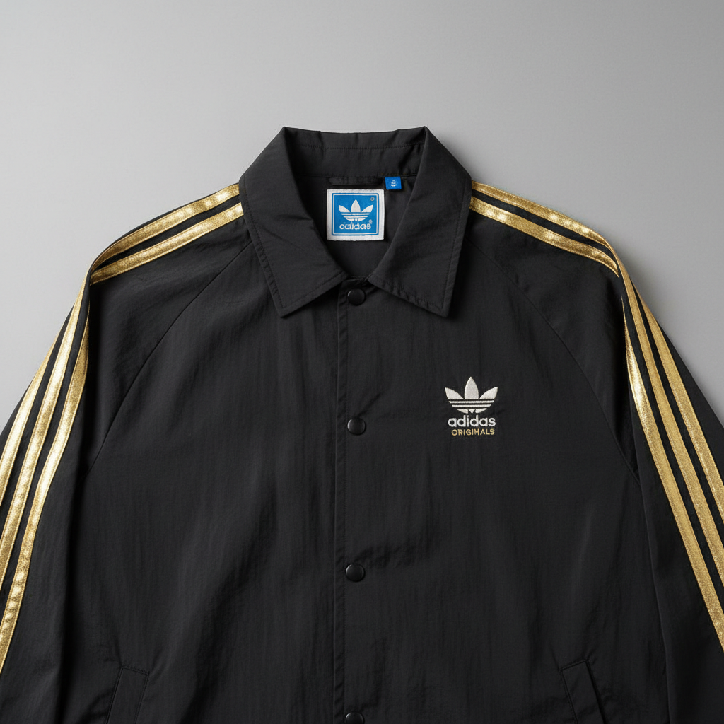 Black coach jacket with contrast stitching detail, clean product display on dark background