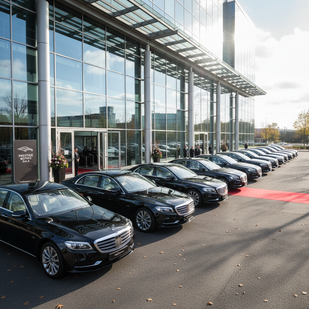 Corporate events package showing a fleet of black luxury sedans at a business venue