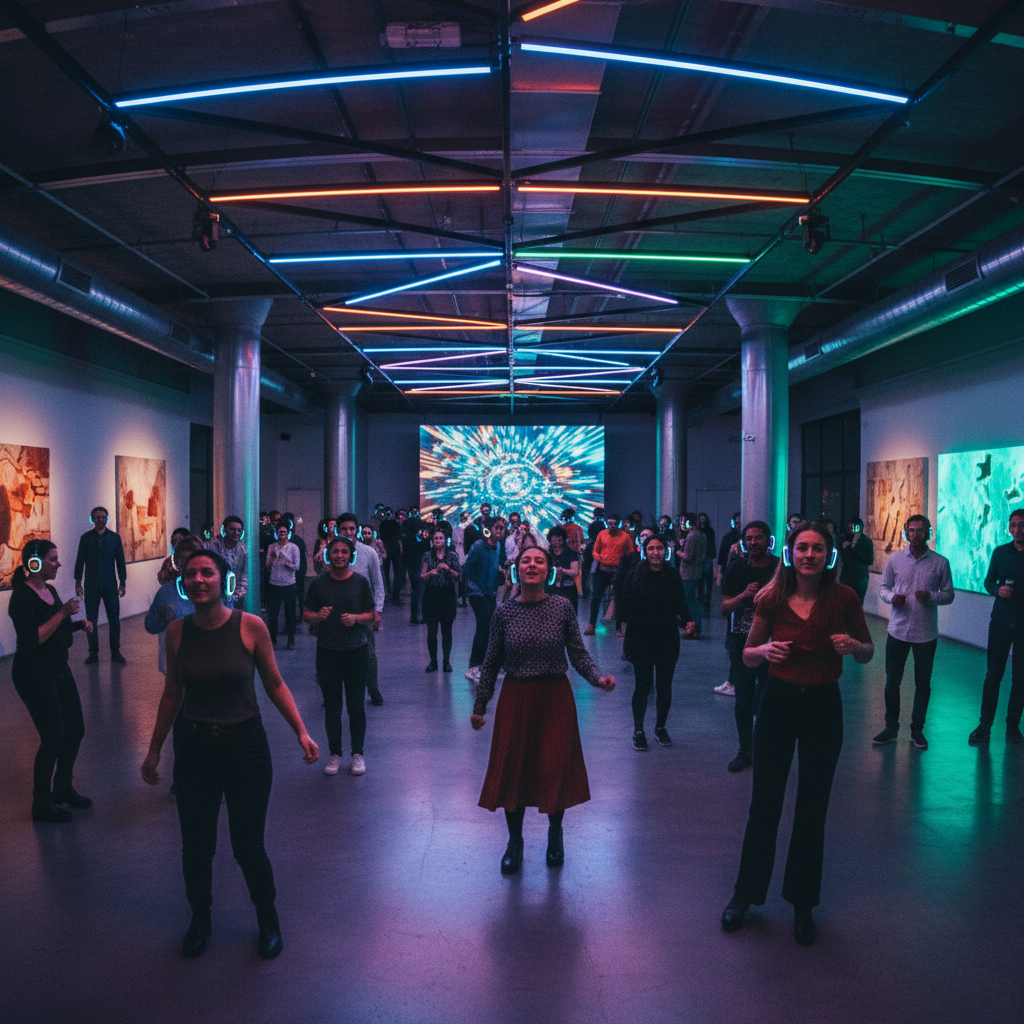 Gallery Defi creative hub with people dancing at silent disco event