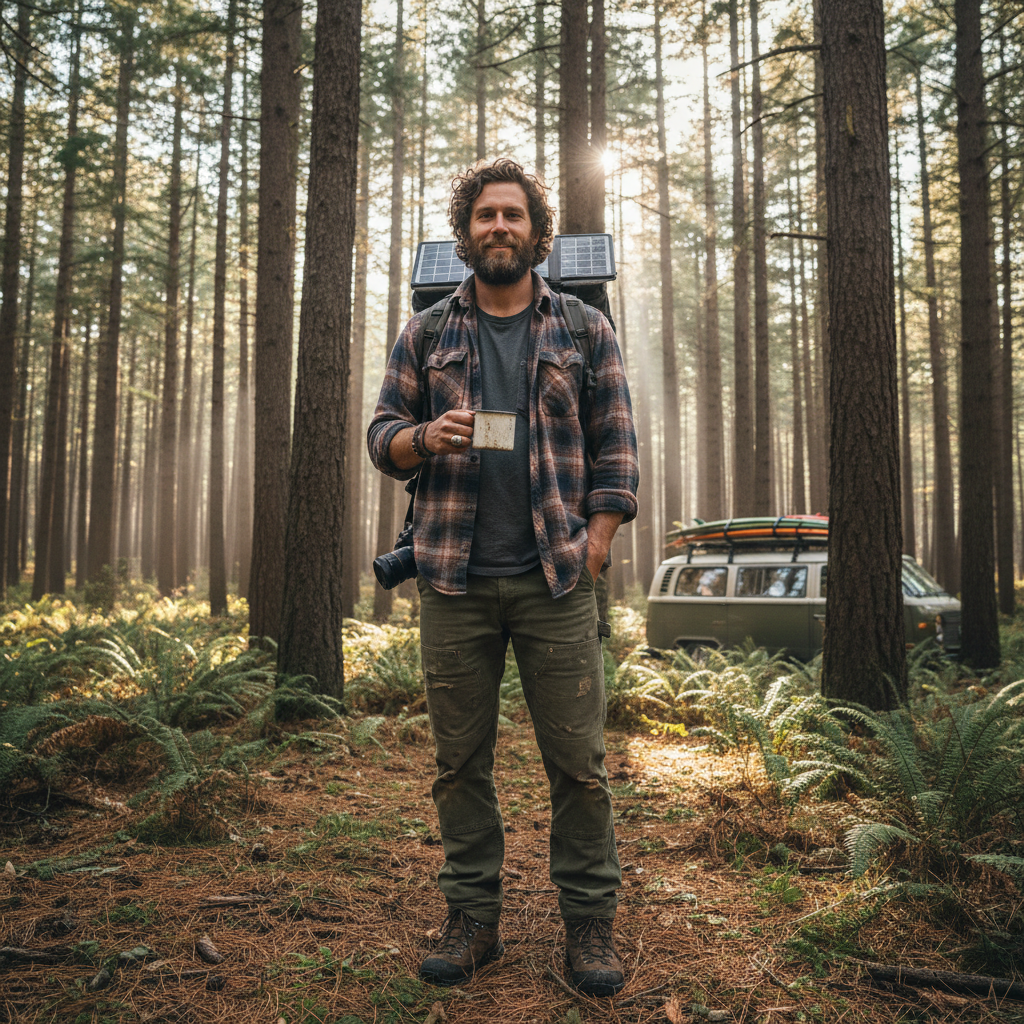 Cormac Reyes, van-lifer with curly hair and weathered flannel shirt in pine forest