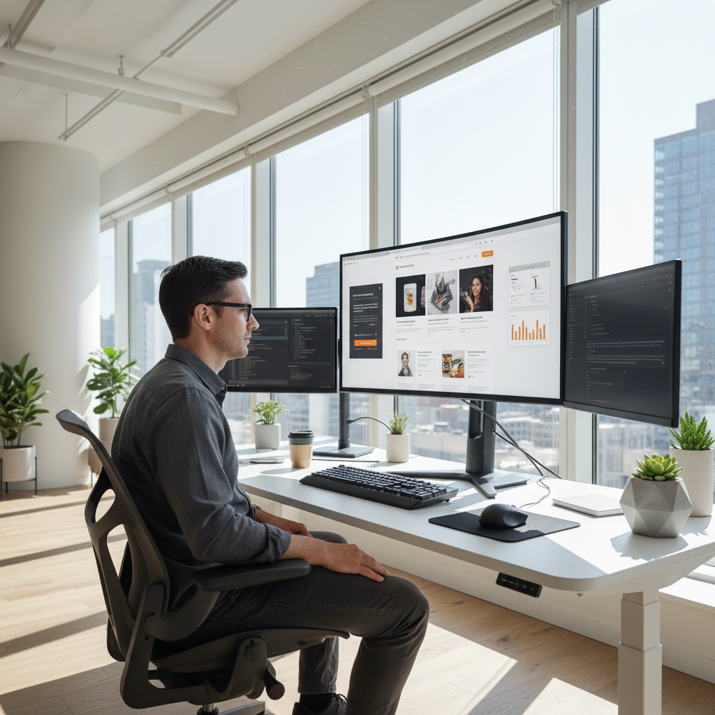 Designer reviewing website mockup on large monitor, bright studio environment