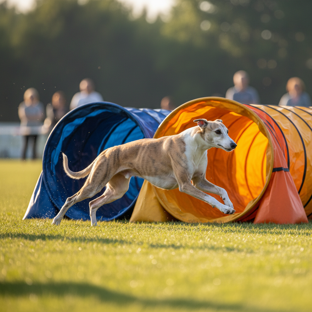 Whippet at full sprint through agility tunnels