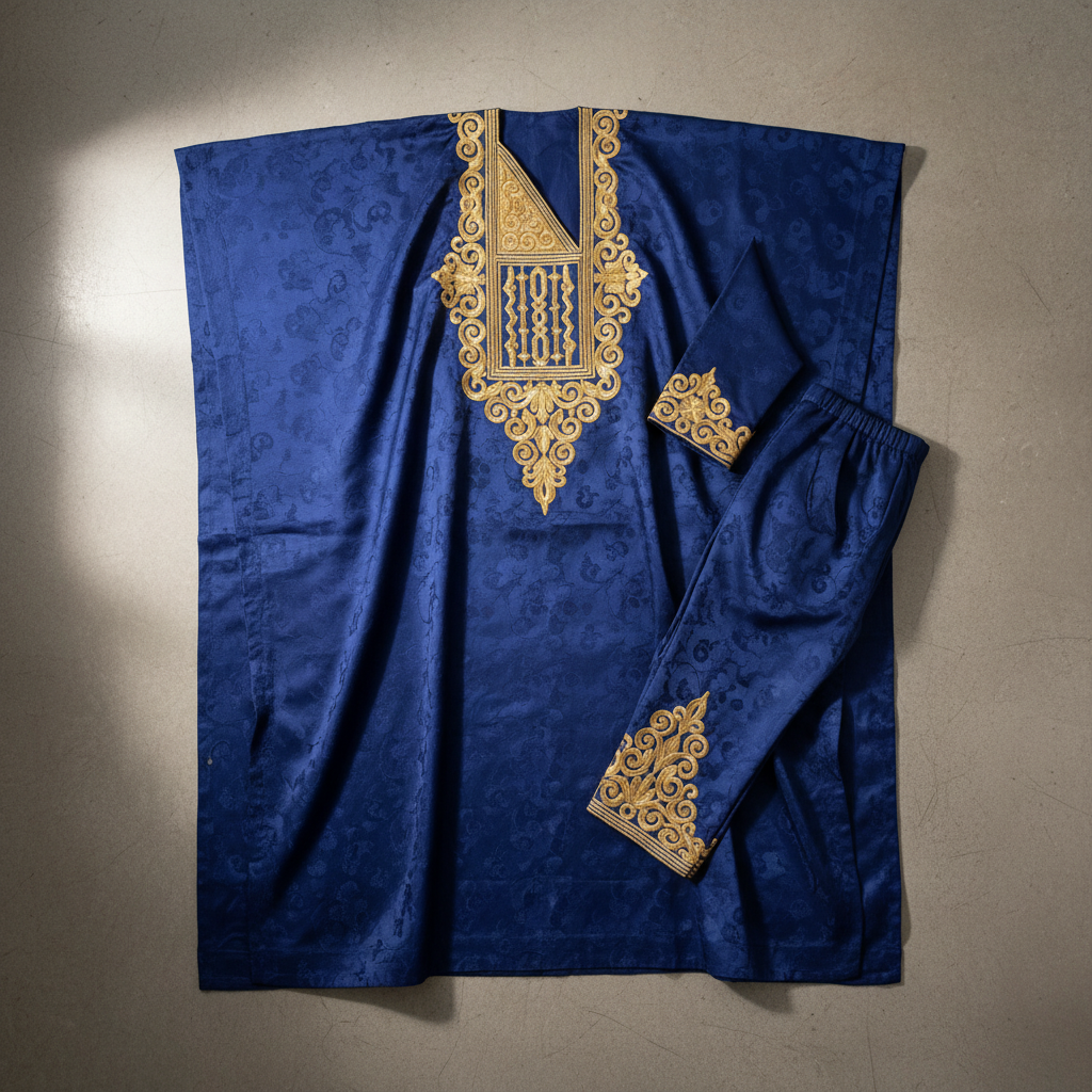 Close-up of intricate gold embroidery on a dark agbada fabric, dim atmospheric lighting, detailed hand stitching visible