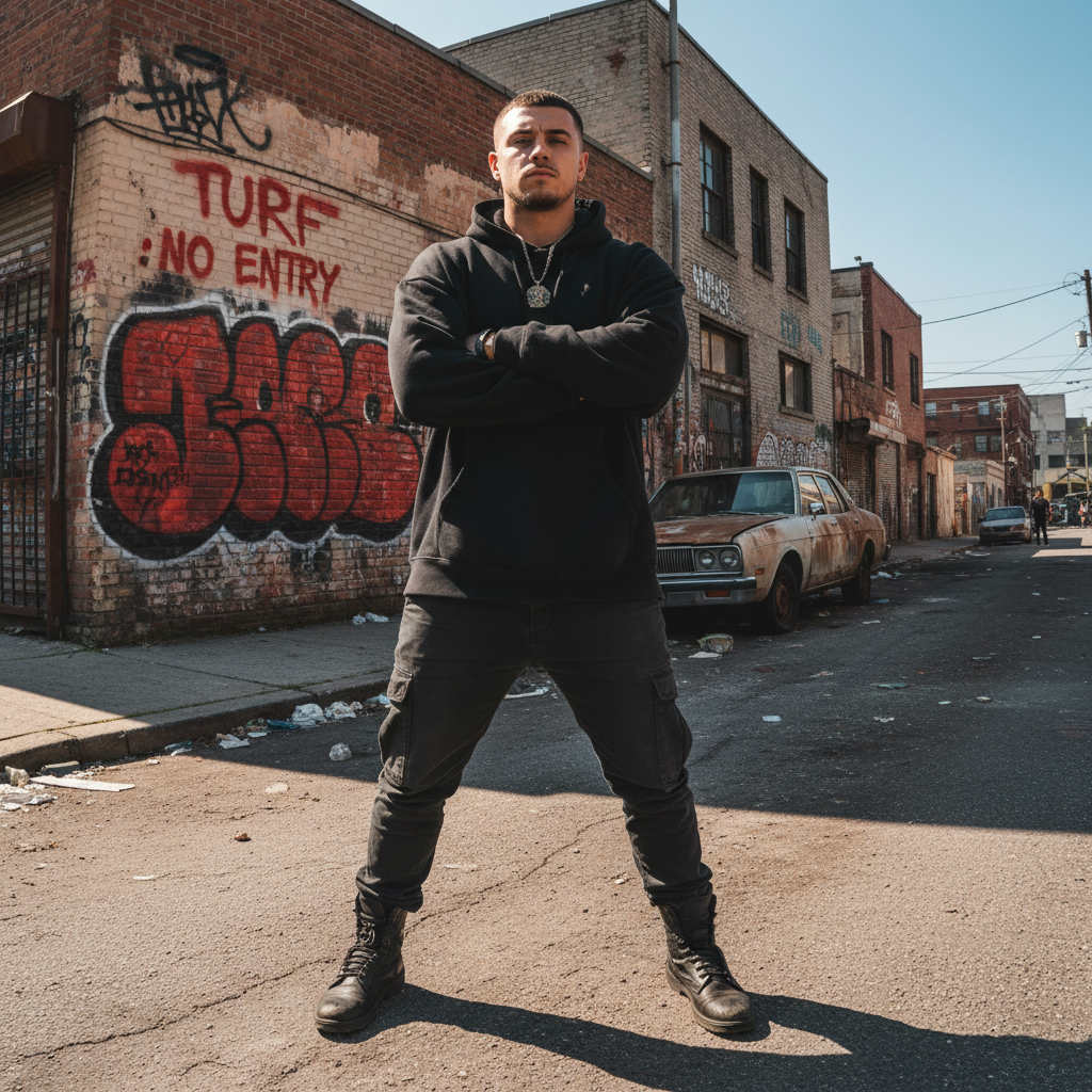 Male model in oversized hoodie and cargo pants on urban street, muted grey tones, gritty concrete backdrop