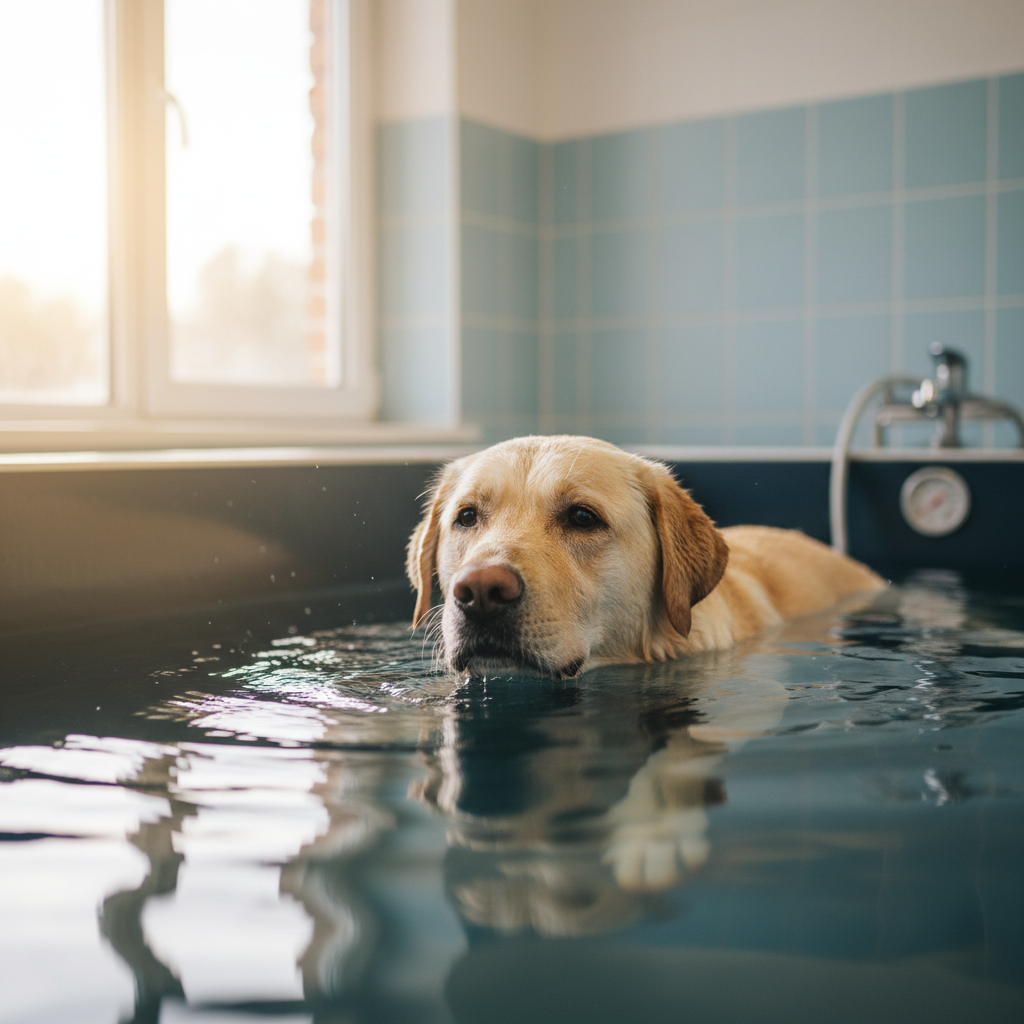 Yellow Lab in deep tub during hydrotherapy bath, water at perfect temperature