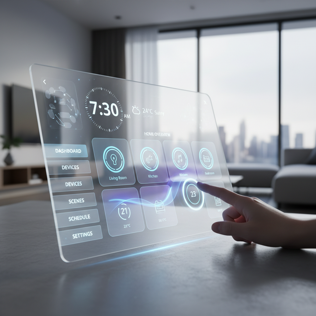 Futuristic AR interface floating in a modern living room