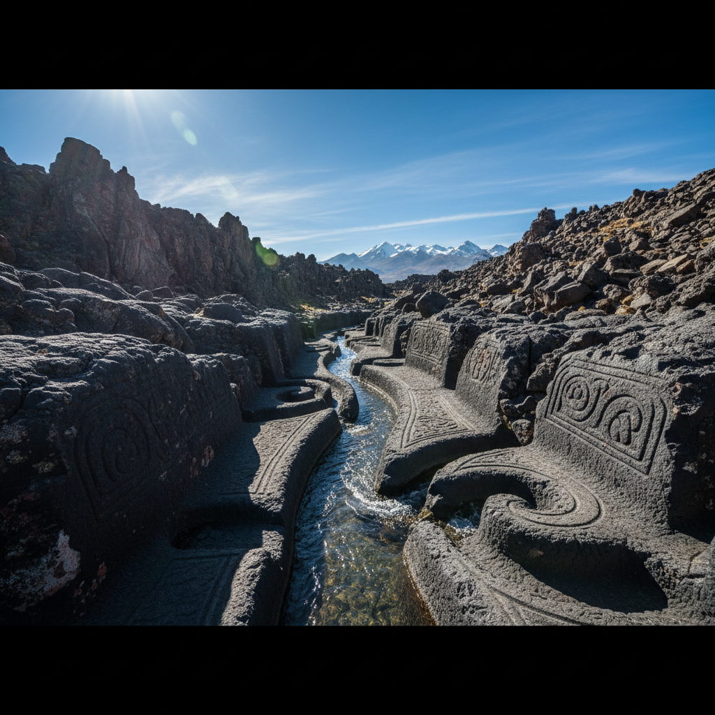 Canal preinca de Cumbemayo tallado en roca volcánica negra, rodeado de bosques de piedra a gran altitud en Cajamarca