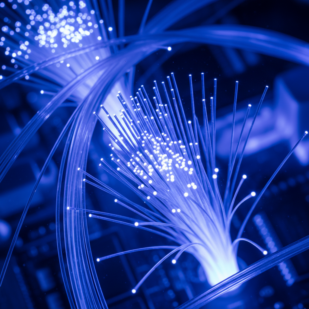Fiber optic cables with glowing indigo light showing infrastructure detail