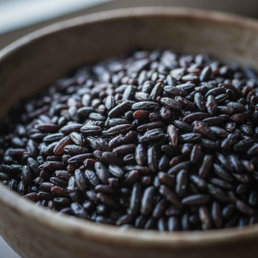 Black forbidden rice in a bowl showing deep violet color bleeding into water