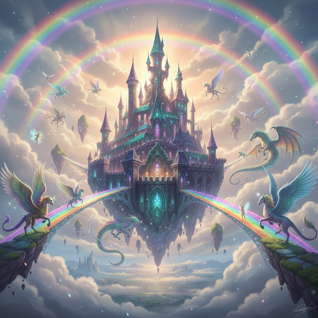 Magical crystal castle floating in clouds with rainbow light beams